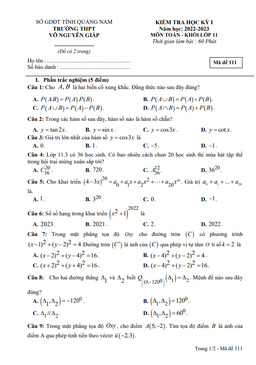 đề thi hk1 toán 11 năm 2022 – 2023 trường thpt võ nguyên giáp – quảng nam