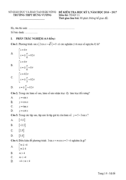 đề thi hk1 toán 11 năm học 2016 – 2017 trường thpt hùng vương – đăk nông