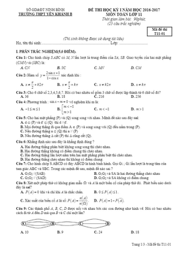 đề thi hk1 toán 11 năm học 2016 – 2017 trường thpt yên khánh b – ninh bình