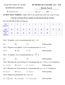 đề thi hk1 toán 11 năm học 2017 – 2018 trường thpt nguyễn trãi – hà nội