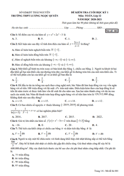 đề thi hk1 toán 12 năm 2020 – 2021 trường lương ngọc quyến – thái nguyên