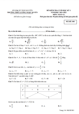 đề thi hk1 toán 12 năm 2021 – 2022 trường thpt lương ngọc quyến – thái nguyên