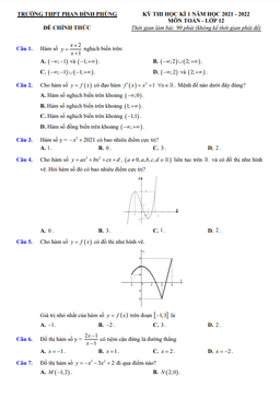 đề thi hk1 toán 12 năm 2021 – 2022 trường thpt phan đình phùng – hà nội