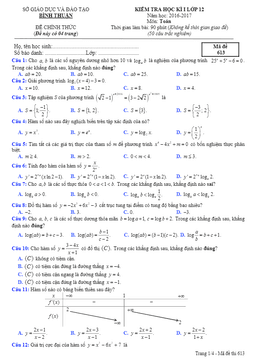 đề thi hk1 toán 12 năm học 2016 – 2017 sở gd và đt bình thuận