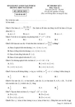 đề thi hk1 toán 12 năm học 2016 – 2017 trường thpt nguyễn du – tp.hcm