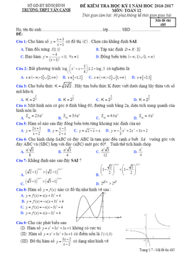 đề thi hk1 toán 12 năm học 2016 – 2017 trường thpt vân canh – bình định