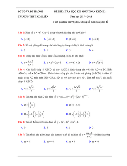 đề thi hk1 toán 12 năm học 2017 – 2018 trường thpt kim liên – hà nội