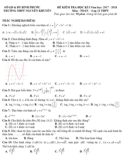 đề thi hk1 toán 12 năm học 2017 – 2018 trường thpt nguyễn khuyến – bình phước