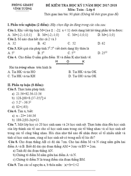đề thi hk1 toán 6 năm học 2017 – 2018 phòng gd và đt vĩnh tường – vĩnh phúc