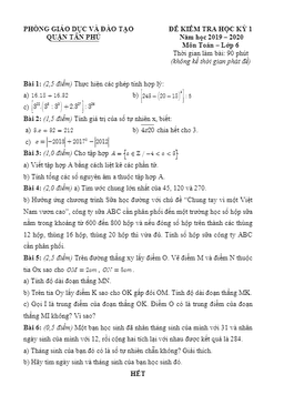 đề thi hk1 toán 6 năm học 2019 – 2020 phòng gd&đt tân phú – tp hcm