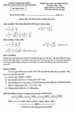 đề thi hk1 toán 7 năm 2020 – 2021 trường thcs nguyễn tri phương – hà nội