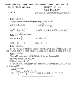 đề thi hk1 toán 7 năm học 2017 – 2018 phòng gd và đt thành phố thanh hóa