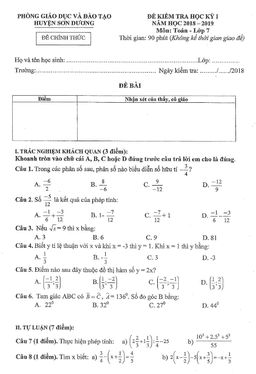 đề thi hk1 toán 7 năm học 2018 – 2019 phòng gd&đt sơn dương – tuyên quang