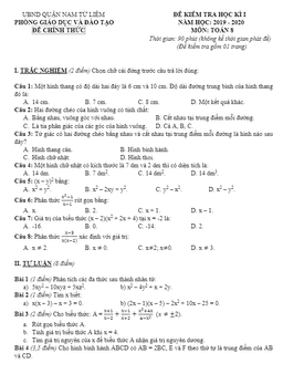 đề thi hk1 toán 8 năm 2019 – 2020 phòng gd&đt nam từ liêm – hà nội