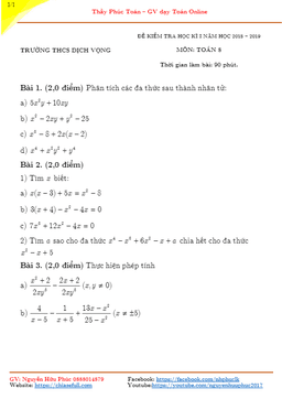 đề thi hk1 toán 8 năm học 2018 – 2019 trường thcs dịch vọng – hà nội