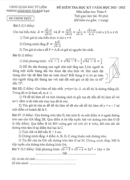 đề thi hk1 toán 9 năm 2021 – 2022 phòng gd&đt bắc từ liêm – hà nội