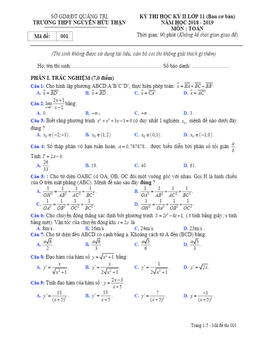đề thi hk2 toán 11 năm 2018 – 2019 trường nguyễn hữu thận – quảng trị