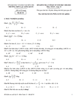 đề thi hk2 toán 11 năm 2020 – 2021 trường thpt lạc long quân – bến tre