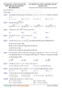 đề thi hk2 toán 11 năm học 2016 – 2017 trường thpt chuyên nguyễn huệ – hà nội