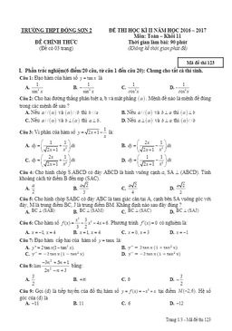 đề thi hk2 toán 11 năm học 2016 – 2017 trường thpt đông sơn 2 – thanh hóa