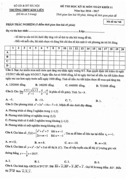 đề thi hk2 toán 11 năm học 2016 – 2017 trường thpt kim liên – hà nội