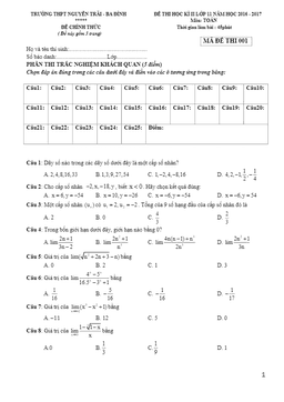 đề thi hk2 toán 11 năm học 2016 – 2017 trường thpt nguyễn trãi – hà nội