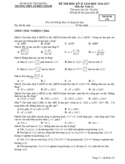 đề thi hk2 toán 11 năm học 2016 – 2017 trường thpt tô hiến thành – thanh hóa