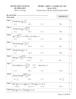 đề thi hk2 toán 11 năm học 2017 – 2018 trường thpt nguyễn du – phú yên