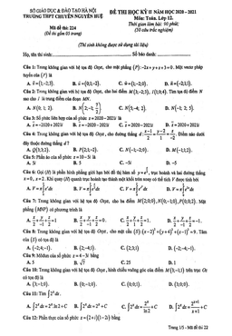 đề thi hk2 toán 12 năm 2020 – 2021 trường chuyên nguyễn huệ – hà nội