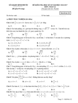 đề thi hk2 toán 12 năm học 2016 – 2017 sở gd và đt bình phước