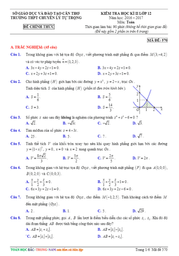 đề thi hk2 toán 12 năm học 2016 – 2017 trường thpt chuyên lý tự trọng – cần thơ