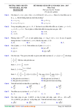 đề thi hk2 toán 12 năm học 2016 – 2017 trường thpt chuyên nguyễn huệ – hà nội