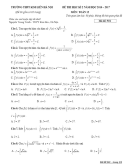 đề thi hk2 toán 12 năm học 2016 – 2017 trường thpt kim liên – hà nội
