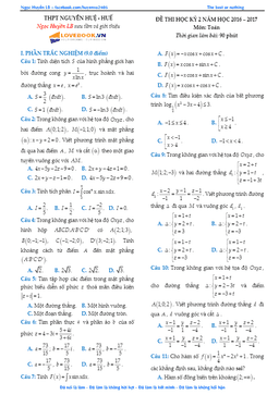 đề thi hk2 toán 12 năm học 2016 – 2017 trường thpt nguyễn huệ – tt. huế