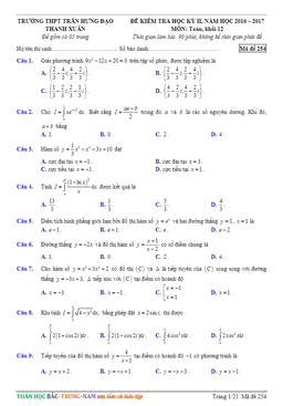 đề thi hk2 toán 12 năm học 2016 – 2017 trường thpt trần hưng đạo – hà nội