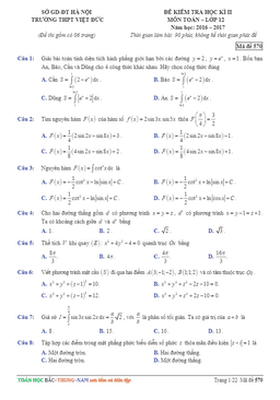 đề thi hk2 toán 12 năm học 2016 – 2017 trường thpt việt đức – hà nội