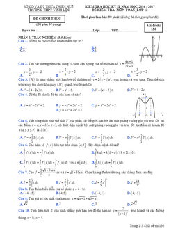 đề thi hk2 toán 12 năm học 2016 – 2017 trường thpt vinh lộc – tt. huế