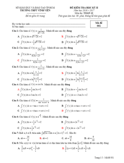 đề thi hk2 toán 12 năm học 2016 – 2017 trường thpt vĩnh viễn – tp.hcm