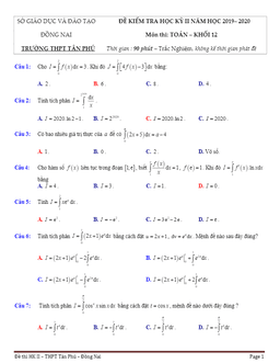 đề thi hk2 toán 12 năm học 2019 – 2020 trường thpt tân phú – đồng nai
