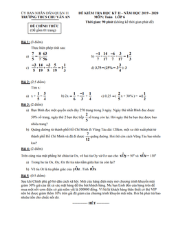 đề thi hk2 toán 6 năm 2019 – 2020 trường thcs chu văn an – tp hcm