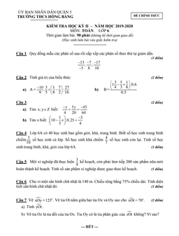 đề thi hk2 toán 6 năm 2019 – 2020 trường thcs hồng bàng – tp hcm