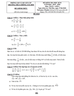 đề thi hk2 toán 6 năm 2019 – 2020 trường thcs thông tây hội – tp hcm