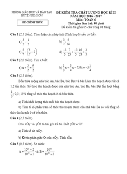 đề thi hk2 toán 6 năm học 2016 – 2017 phòng gd và đt kim sơn – ninh bình