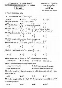 đề thi hk2 toán 7 năm 2020 – 2021 trường nguyễn tất thành – hà nội