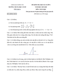 đề thi hk2 toán 8 năm 2019 – 2020 trường thcs tân tạo a – tp hcm