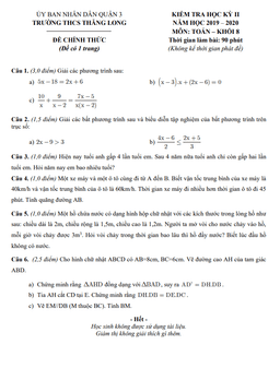 đề thi hk2 toán 8 năm 2019 – 2020 trường thcs thăng long – tp hcm