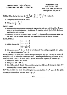 đề thi hk2 toán 9 năm 2021 – 2022 trường thcs nguyễn trường tộ – hà nội