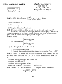 đề thi hk2 toán 9 năm học 2017 – 2018 phòng gd và đt ba đình – hà nội
