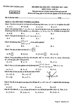 đề thi học kì 1 toán 10 năm 2017 – 2018 trường thpt thăng long – hà nội