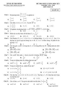 đề thi học kì 1 toán 10 năm 2019 – 2020 trường đông hưng hà – thái bình